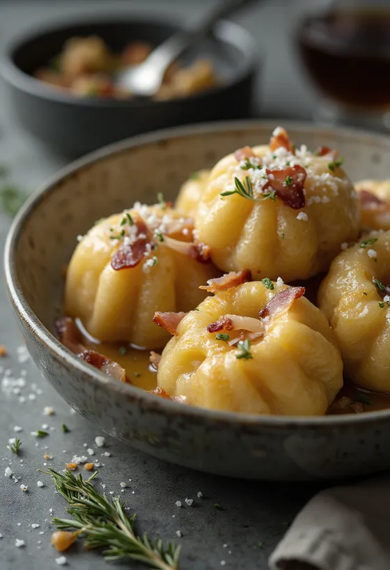 Német baconös knödel vajas tálalással