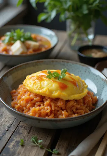Omurice tál miso leves tálalva, omlettel és miso levessel