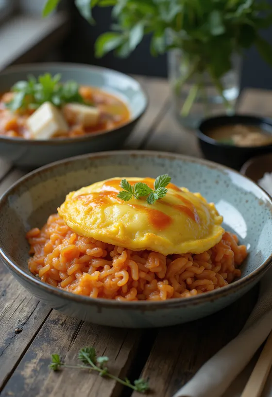 Omurice tál miso leves tálalva, omlettel és miso levessel