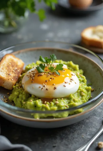 Onsen Tamago avokádóval, tálalva egy tálban, avokádó pürével és korianderrel díszítve
