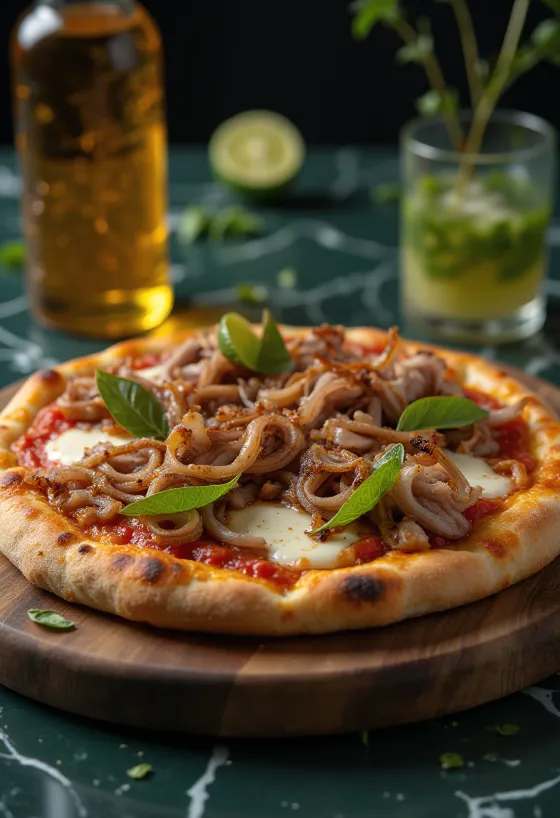 Kubai stílusú pizza sült sertéshússal és karamellizált hagymával