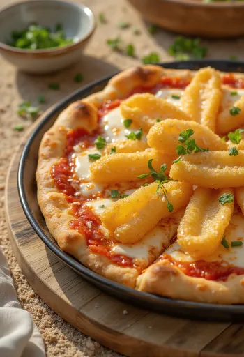 Tempura zöldséges japán pizza tálalva