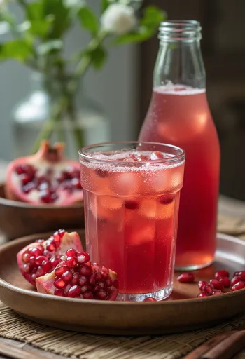 Probiotikus gránátalma kombucha poharakban, rózsaszínes ital friss magokkal