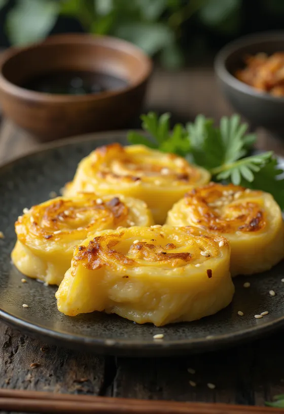 Tamagoyaki szezámmaggal, szójaszósszal és mirinnel tálalva