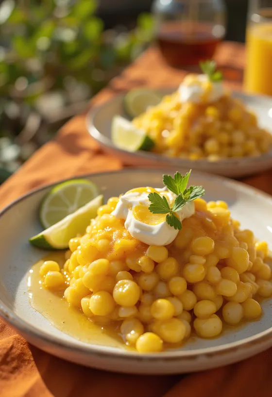 Tamalito mézzel tálalva, feta sajttal és lime szeletekkel