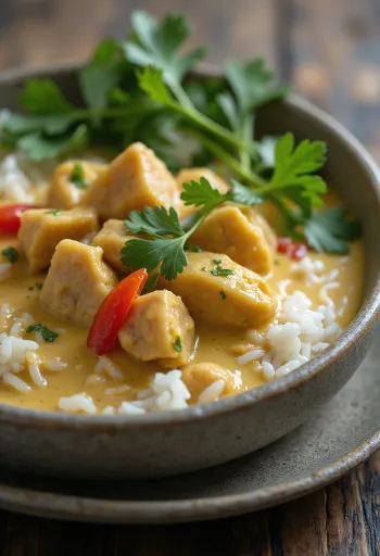 Thai curry sertéshússal és kókusztejjel tálalva