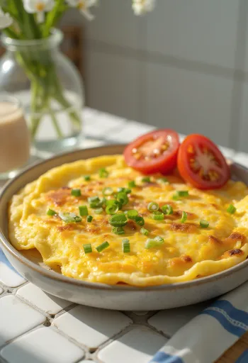 Tofu omlett, aranybarnára sütve, friss zöldhagymával tálalva.