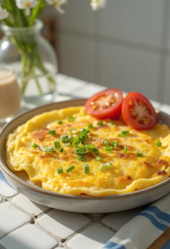 Tofu omlett, aranybarnára sütve, friss zöldhagymával tálalva.