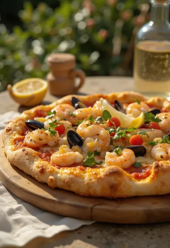 Töltött szélű Frutti di Mare pizza tálalva