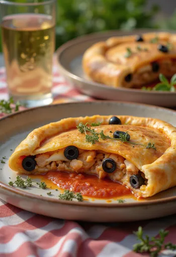 Tonhalas-olívás calzone tálalva