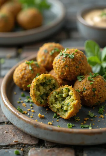 Vegán falafel golyók friss salátával és tahini szósszal