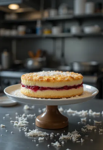 Bakewell tart kókuszreszelékkel, frissen sült, aranybarna tetejű