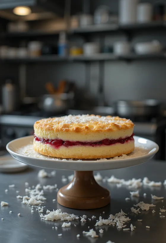 Bakewell tart kókuszreszelékkel, frissen sült, aranybarna tetejű