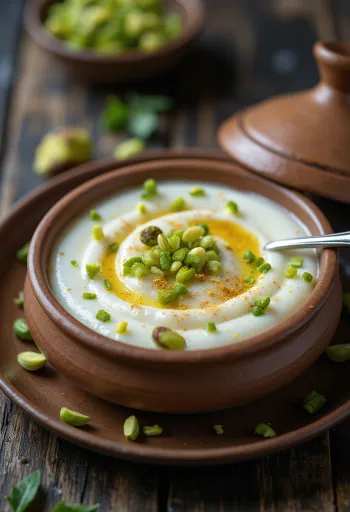 Bhapa doi, gőzölt joghurt desszert pisztáciával díszítve