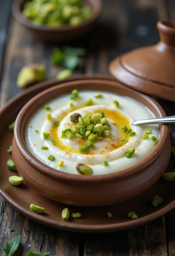 Bhapa doi, gőzölt joghurt desszert pisztáciával díszítve