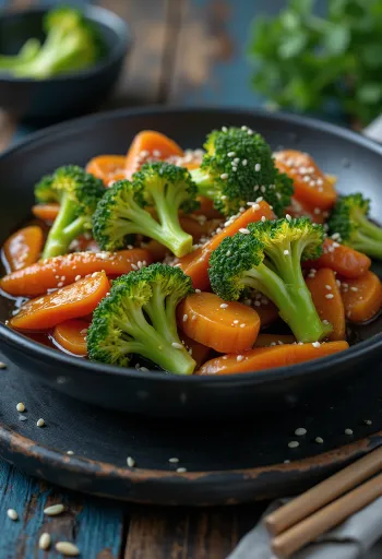 Brokkoli stir fry szezámmagos szójaszósszal és ropogós zöldségekkel tálalva.
