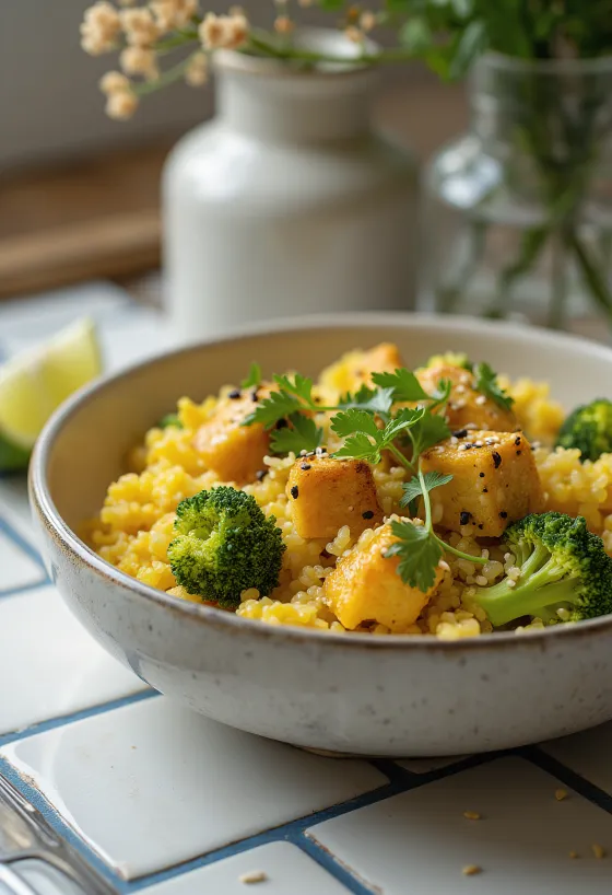 Brokkolis curry quinoa tofuval
