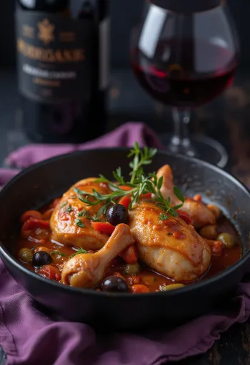 Cacciatore klasszikus csirkehússal, paradicsomos szószban tálalva paprikával és olívabogyóval