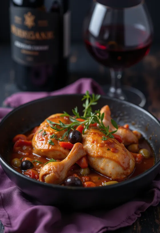 Cacciatore klasszikus csirkehússal, paradicsomos szószban tálalva paprikával és olívabogyóval