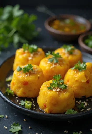 Carrot Dhokla, párolt, sárgarépás és korianderrel díszítve