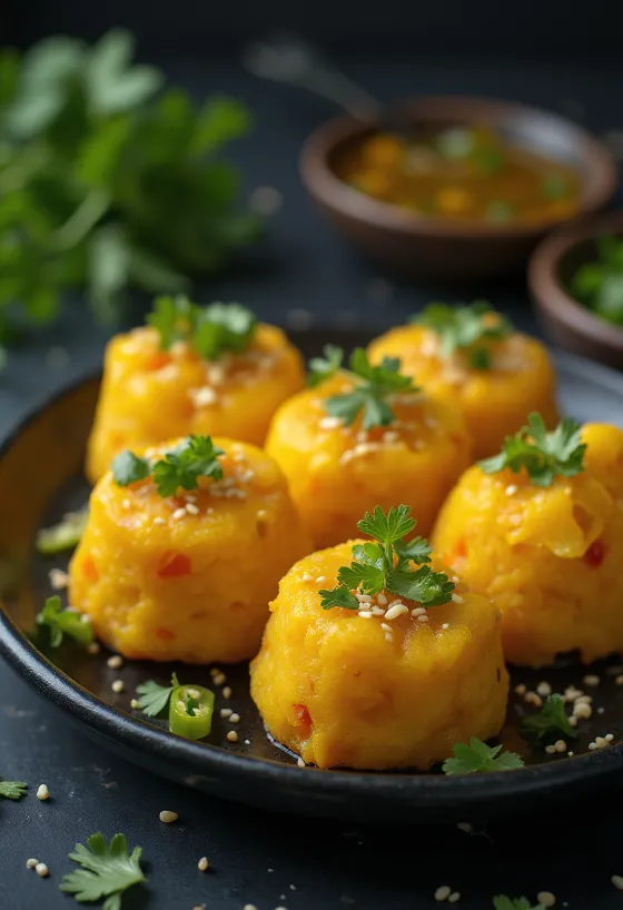 Carrot Dhokla, párolt, sárgarépás és korianderrel díszítve