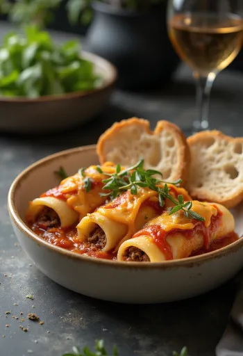 Darált marhahúsos és cheddar sajtos cannelloni tálalva
