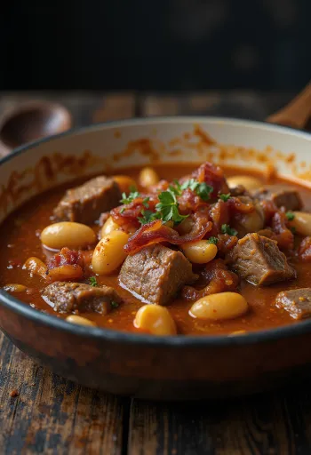 Dobradinha szalonnával, gazdag fűszeres brazil leves, fehérbab és marhahússal