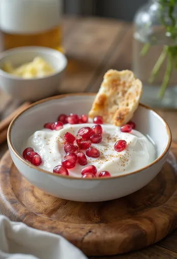 Gránátalmás raita, joghurt és friss gránátalma magokkal díszítve