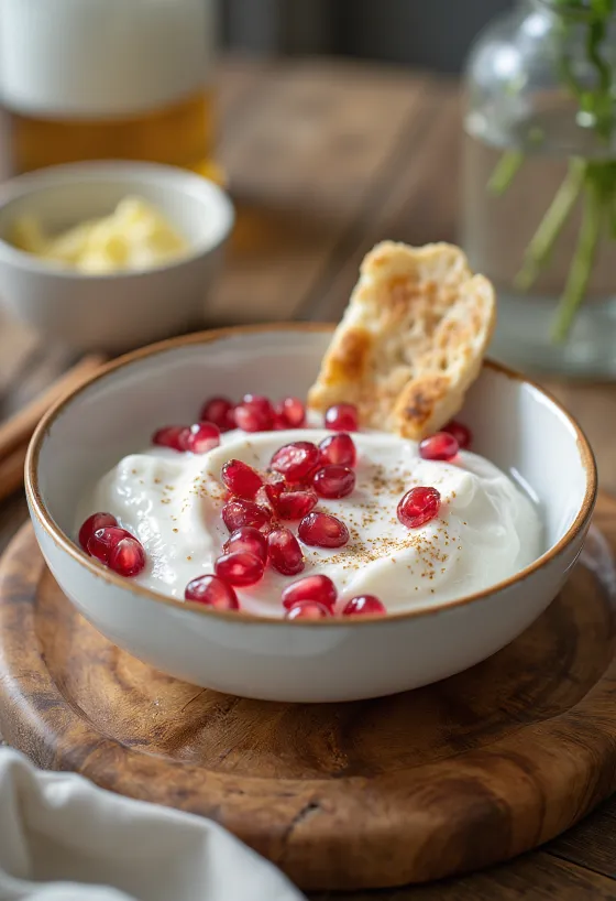 Gránátalmás raita, joghurt és friss gránátalma magokkal díszítve