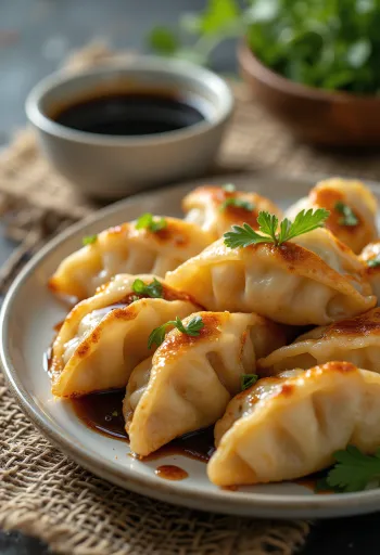 Gyoza szójaszósszal tálalva