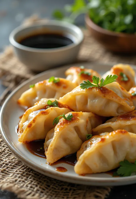 Gyoza szójaszósszal tálalva