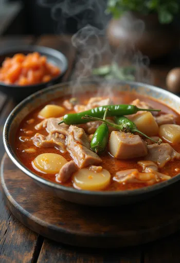 Hagyományos gamjatang, sertéshússal, krumplival és zöld chili paprikával tálalva