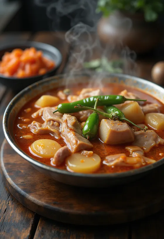 Hagyományos gamjatang, sertéshússal, krumplival és zöld chili paprikával tálalva