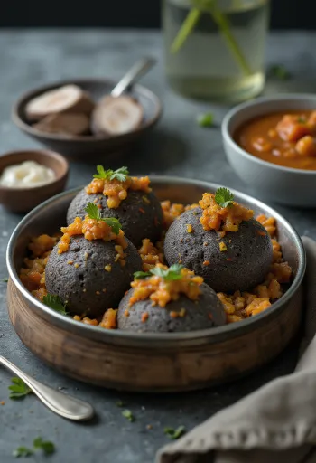 Idli ragi-val, friss korianderrel és curry levéllel tálalva