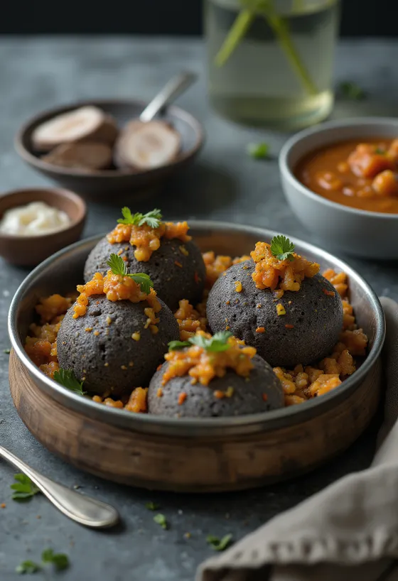 Idli ragi-val, friss korianderrel és curry levéllel tálalva