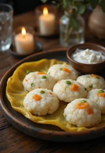 Friss, gőzölgő idli zöldségekkel, tálalva friss korianderrel