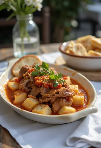 Iskender kebab pirított kenyérrel joghurtos fokhagymás öntettel és pirított pitával tálalva