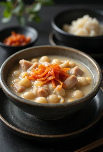 Kongbiji jjigae, fehérbab, tofu és kimchi a tálban, gazdag ízekkel és zöldhagyma díszítéssel