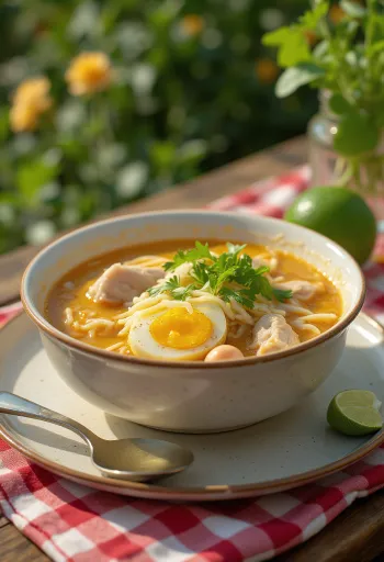 Laksa Banjar, gazdag kókuszos csirke leves rizstésztával és friss fűszerekkel