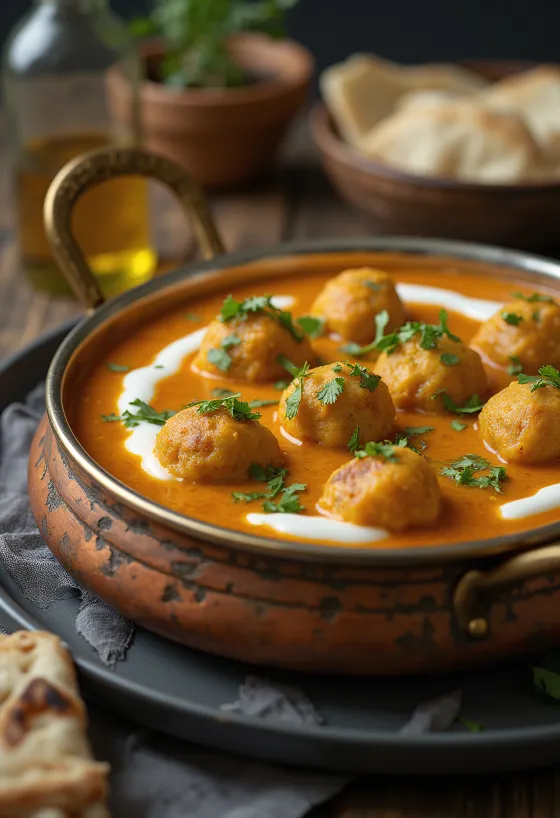 Malai Kofta tálalva gazdag fűszeres szószban, friss korianderrel díszítve
