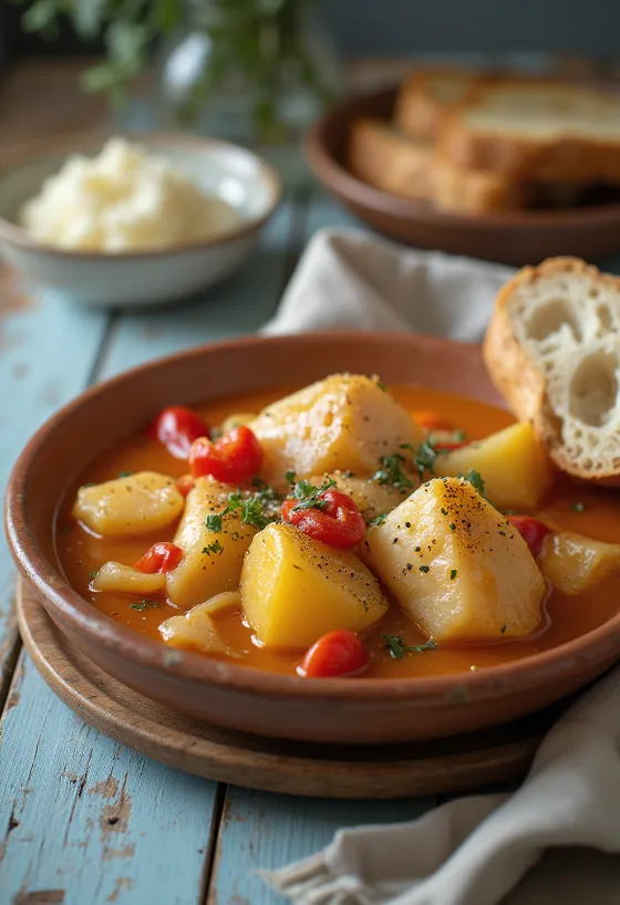 Marmitako con cebolla, spanyol hal leves krumplival és zöldségekkel
