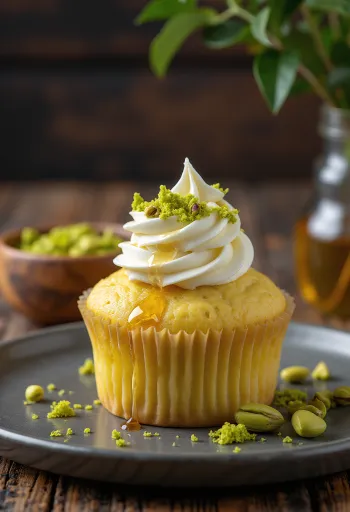 Mézes-pisztáciás cupcake tálalva