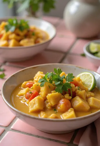 Moqueca tálalva tempeh-vel, halakkal és kókusztejjel