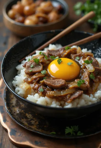 Onsen Tamago pörkölt húsos tálon, friss korianderrel