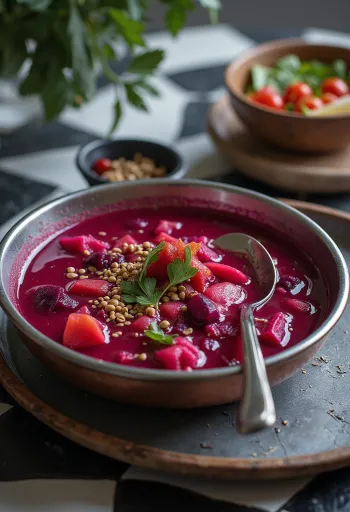 Rasam céklával tálalva, friss korianderrel