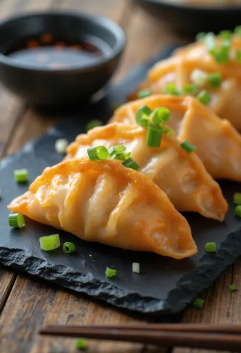 Salmon Gyoza tálalva lazacos töltelékkel és szójaszószos mártogatóval