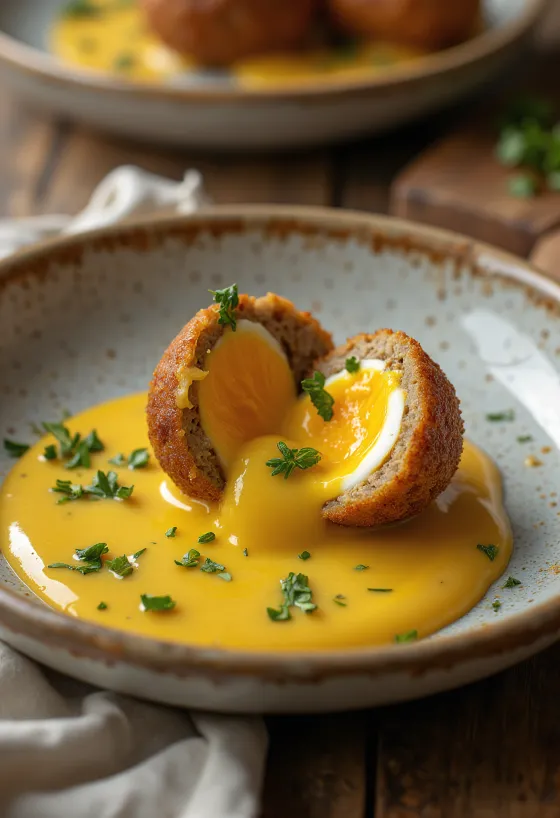 Scotch egg curry fűszerrel tálalva, curry szósszal és friss zöldfűszerrel díszítve
