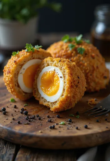Scotch egg panko morzsával, ropogós panírban, tojás belsővel