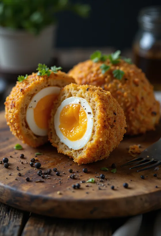 Scotch egg panko morzsával, ropogós panírban, tojás belsővel