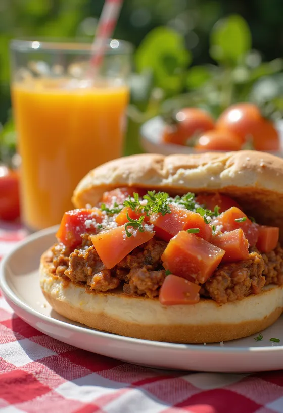 Klasszikus Sloppy Joe szendvics, gazdagon elhelyezett darálthúsos töltelékkel és paradicsommal